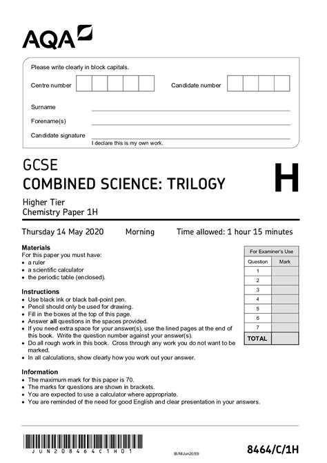 MARK SCHEME - GCSE <b>COMBINED</b> <b>SCIENCE</b>: TRILOGY - 8464/C/1H - JUNE 2021 7 Question Answers Extra information Mark AO / Spec. . Combined science paper 1 pdf